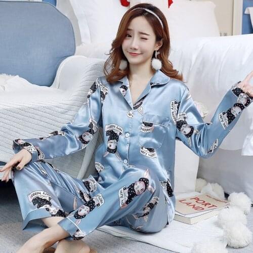 Women Pajamas Set Autumn Silk Stain Pijama Flower Printed Long Sleeves Nightie Causal Sleepwear Fashion Homewear Female Pyjamas
