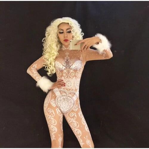 Women Stage White Bling Jumpsuit Sparkling Crystals Sexy Bodysuit Nightclub DJ Dancer Singer Stage Wear Costume Birthday Clothes