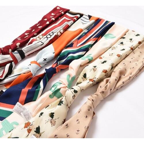 New Women Neck Tie Ribbon Silk Scarf Heart Chain Link FloralPrint Girl Neckerchief Hair Band Bag Handle Wraps Small Neck Scarves