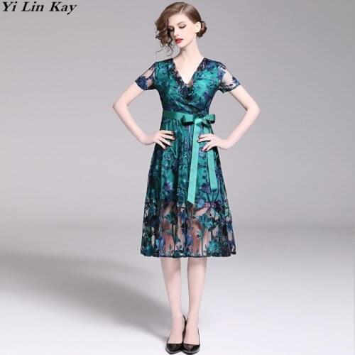 Yi Lin Kay 2019 Fashion Runway Party high-quality summer women dress V Neck Bow Belt Casual Party Dress