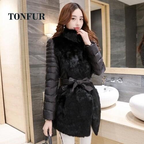 100% Real Rabbit Fur Coat with belt and stitching padding warm overcoat standard collar outwear tsr240