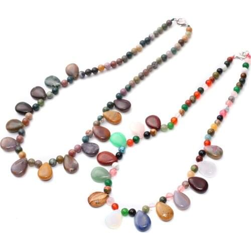 1PC Aquamariness Colorful Natural Stone Quartz Crystal Agates Healing Round Beads String Teardrop Pendant Necklace Free Shipping