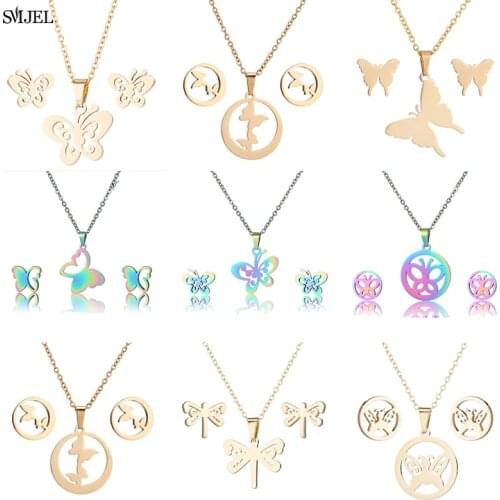 2021 Gold Color Butterfly Necklace Earrings Stainless Steel Wedding Bridal Jewelry Sets for Women Cartoon Buttefly Studs bijoux