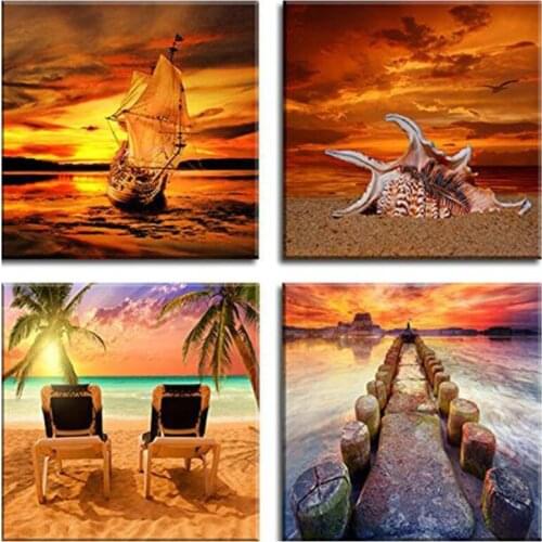 4Pcs Round Diy Diamond Embroidery Ocean Sunset Beautiful Beach Scenery Full Square Wall Art Christmas Decoration For HomeZP-4333