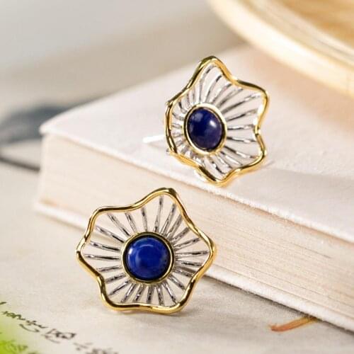 925 Sterling Silver Lapis Lazuli Hollowed Flower Stud Earrings Gift A1384