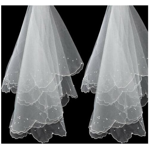 White 2T Wedding Bridal Veil Handmade DIY Fabric beaded Beads Pearl