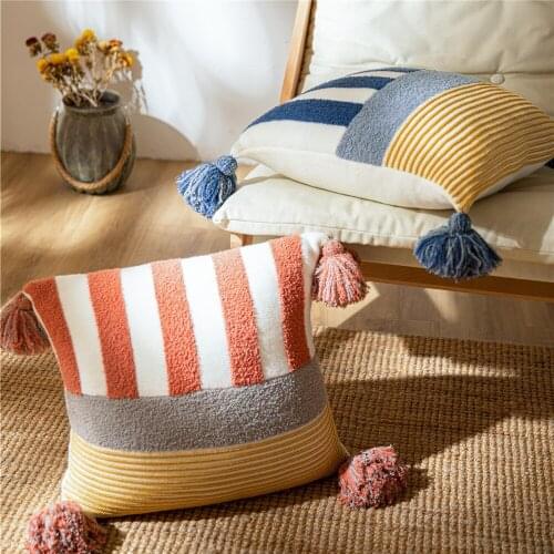 Color Patchwork Fashionable Pillowcase with Tassels Nordic Home Sofa Decor Striped Sofa Cushion Cover cuscini divano T659