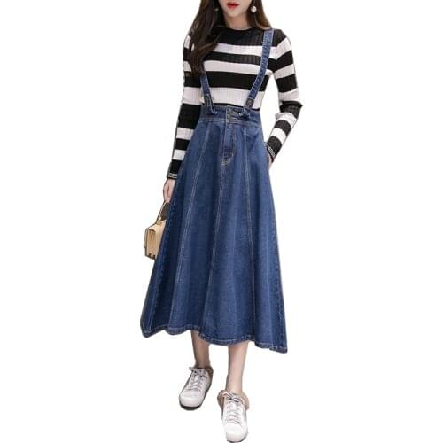Spring & Autumn denim suspender skirts Korean style with detachable strap denim skirt for young women mid-length skirts BSQ072