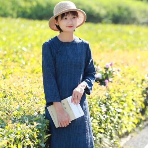 S992 Yarn Dyed Flax Dress Thin Lattice Chinese Style Longuette Robe Small Single