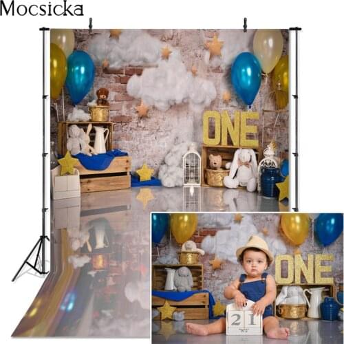 Newborn Children 1st Birthday Cake Smash Photography Backdrop Balloons Golden Stars Baby Shower Portrait Background Photo Studio