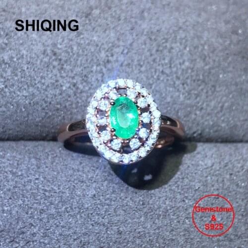 SHIQING 0.5ct real nature emerald fine jewelry rings sterling silver flower classical women rings for anniversary