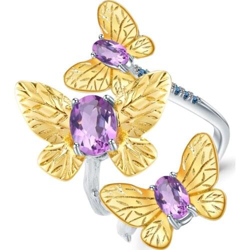 GEMS BALLET 2.04Ct Natural Amethyst Adjustable Open Rings for Women 925 Sterling Silver Butterfly Gemstones Ring Fine Jewelry