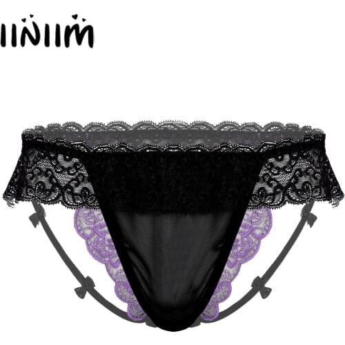 Mens See-through Lingerie Sissy Underwear Low Waist Floral Embroidery Lace Ruffles Briefs Underpants Bowknot for Valentines Day