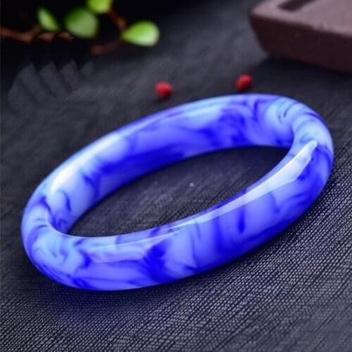 Natural Blue and White Hand-carved Wide Strip Colorful Jade Bracelet Fashion Jewelry Womens Sky Blue Floating Flower Bracelet