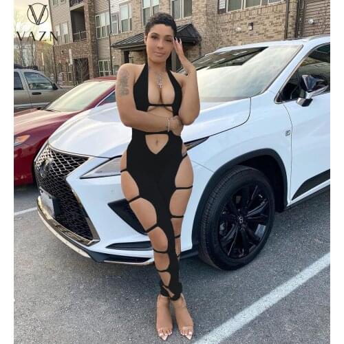 VAZN 2021 New Solid Boho Hole Out Vintage Bandage Young Sexy Soft Daily Simple Sleeveless High Waist Women Playsuits