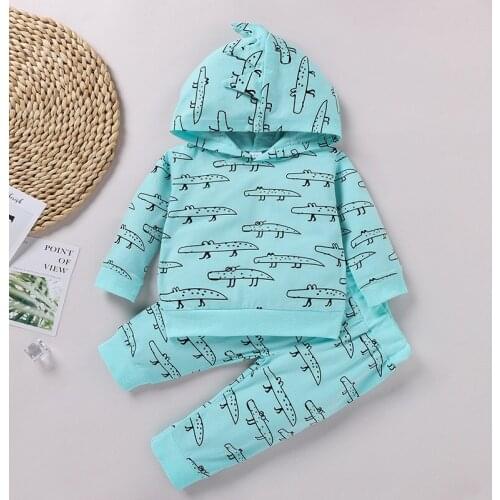 New Fashion Winter Baby Boy Clothes Set Sport Cute Cartoon Animal Crocodile Print Long Sleeve Hooded Sweater Tops+trousers 0-24M