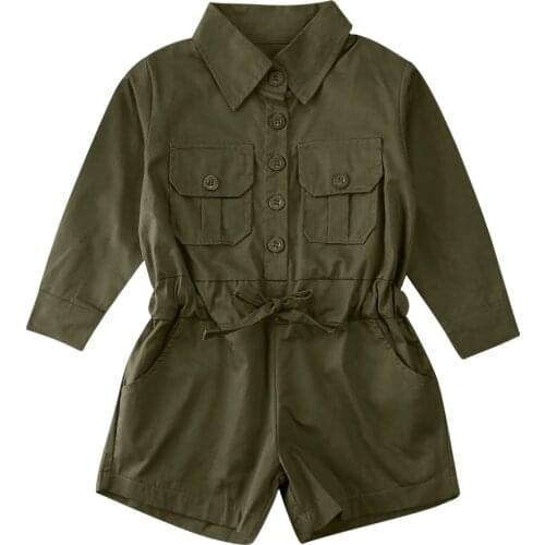 1-6Y Toddler Kids Girls Rompers Outfit Army Green Long Sleeve Single Breasted Jumpsuit Overalls Clothes Sets