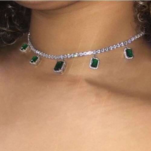 Bling Charm Crystal Pendant Necklace Cube Square Choker for Women Men Statement Rhinestone Thin Tennis Necklace Hip Hop Jewelry