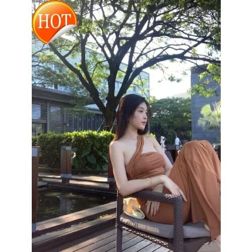 Zhou Zirans same holiday private beach sexy temperament Strapless strapless dress mid length split dress