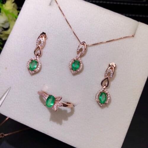 Attractive green emerald gemstone ring earring and necklace jewelry set for women natural gem rose gold color silver chain
