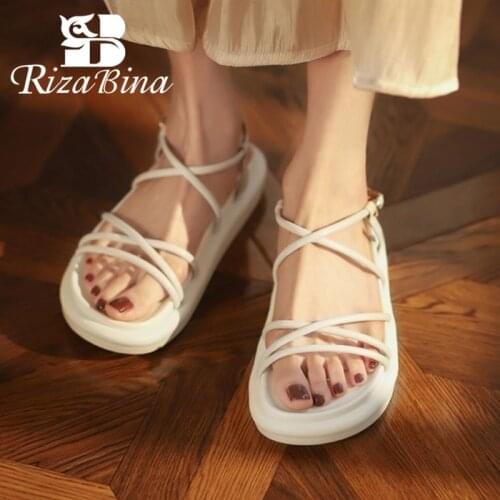 RIZABINA 2021 Women Genuine Leather Sandals Shoes Platform Buckle Strap Solid Color Casual Vacation Ladies Footwear Size 34-40