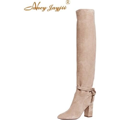 Knee High Boots Beige Apricot Womens Shoes Female Western Block Heeled Pointy Toe Plus Size 44 45 Slip-on Solid Fashion Spring