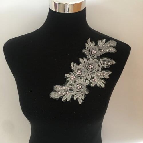 1PCS Cloth Patch Silver ABS pearl with 3D lace Flower Collar Costume Decoration Embroidery Fabric Neckline Sewing Craft Supplies