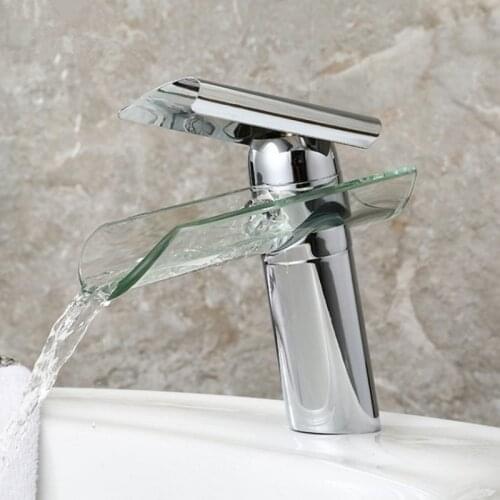 Glass Waterfall Bathroom Basin Sink Faucet Chrome Finished Basin Sink Faucet Single Lever Deck Mounted Basin Sink Mixer Tap