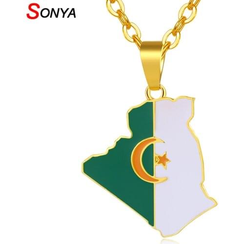 SONYA Country Algeria Map & Flag Pendant Necklace Gold Color Trendy Jewelry Maps of Algeria Ethnic Gifts Bijoux Femme