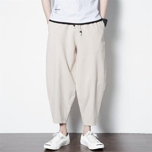 High Quality Mens Casual Pants Cotton Linen Ankle-Length Trousers Japan Style Loose Solid Pants Large Size M-7XL 10 color