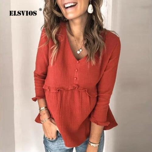 2020 Spring V-neck Button Ruffled Blouses Long Sleeve Polka Dot Shirt Women Elegant Loose Hollow Out Top Vintage Blouse Feminina