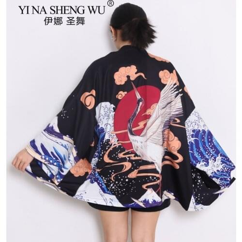 Women Japanese Kimono Traditional Clothing Crane Printed Kimono Blouse Samurai Haori Yukata Streetwear New Jacket Cardigan Shirt