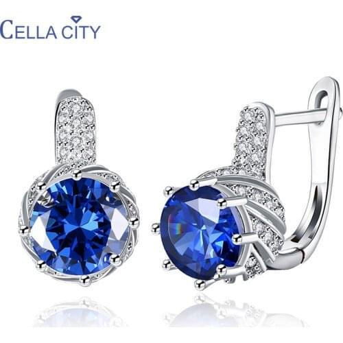 Cellacity Silver 925 Jewelry Gemstones Earrings for Women Round Sapphire Amethyst Zircon 4 Colors Choice Female Ear drops Party