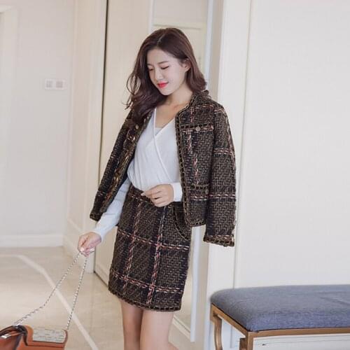 Womens fashion Dark brown Wool Set New Retro Classic Elegant Temperament OL Package hip skirt Sexy Tweed Elegant Skirt Ms Set