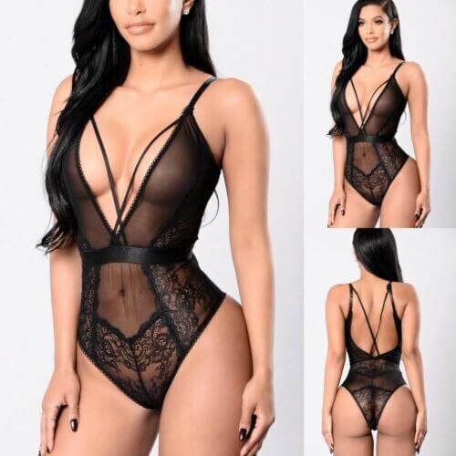 Women Lace Bodysuit Lingerie Sleeveless V Neck Stretch Leotard Jumpsuit Top Vest