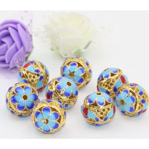 Gold-color cloisonne enamel 13mm spacers hollow round ball beads accessories diy jewelry findings 5pcs B2512