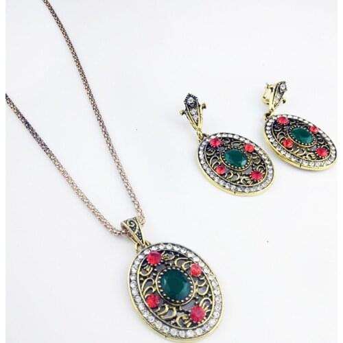 2 Pcs Colorful Crystal Women Jewelry Sets oval Shape Full Rhinestone Charms Earring Wedding Ancient Golden Plated Free Gift