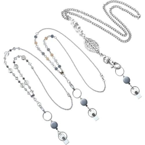 3Pcs Retractable Badge Reel Lanyard with ID Holder Necklace Name Badge Holder Lanyard Stainless Steel Beaded Chain Kit