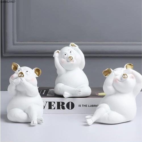 Cute Pig Crafts Statue White Resin Animal Sculpture Living Room Childrens Room Desktop Creative Decoration Home Decoration Gift
