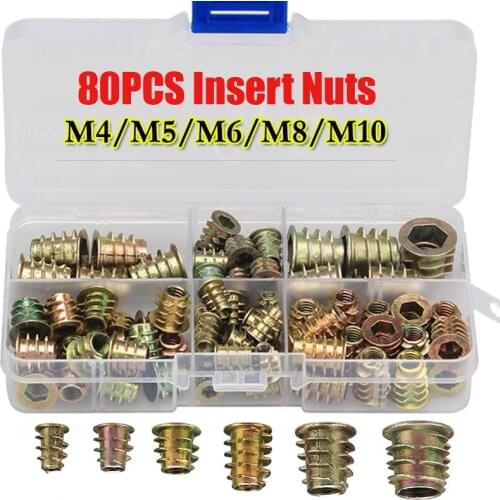 80PCS Zinc Alloy Thread For Wood Insert Nut Flanged Hex Drive Head Furniture Nuts M4 M5 M6 M8 M10