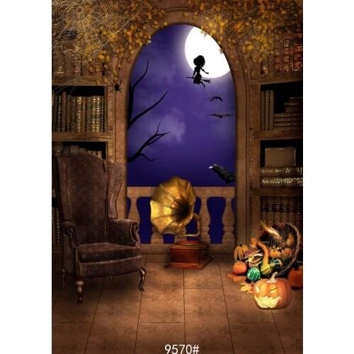 Halloween Full Moon Midnight Photographic Backgrounds Gramophone in Library Pumpkin Vinyl Photography Backdrops for Photo Studio