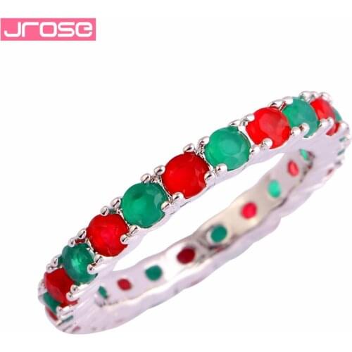 JROSE Wedding Fashion Round Cut Circle Red Green Stones Silver Ring Size 6 7 8 9 10 11 Free Shipping Women Gifts Jewelry New