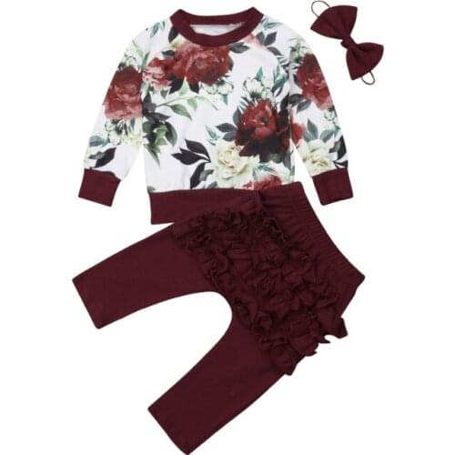 Newborn 3Pcs Set Clothes Baby Girls Clothes Winter Outfits Clothes Flower Tops+Ruffle Pants