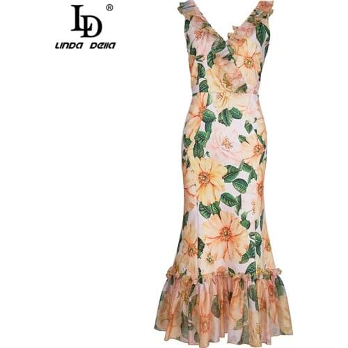 LD LINDA DELLA New 2021 Summer Elegant Mermaid Party Dress Plus size Women V-Neck Flower Print Ruffles Vacation Mid Dress