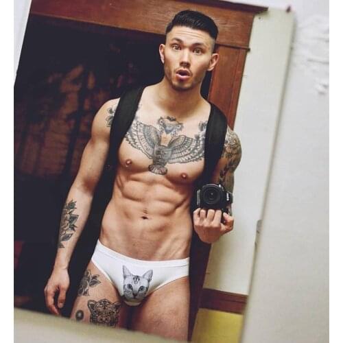 Fashion Gay Male personality mens Animal Cat Fruit Banana pattern Smooth Brief comfortable low waist sexy Underwear