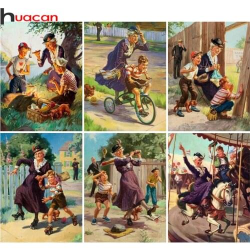 Huacan Diamond Painting Kit Grandmother Kid Diamond Embroidery Mosaic Portrait Boy Cross Stitch Home Decor