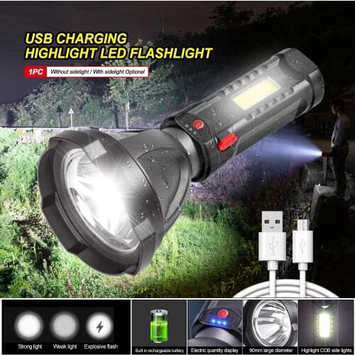 Outdoor Smart USB rechargeable hunting flashlight 3 Modes adjustable dimming LED light lamp Waterproof lantern with side light
