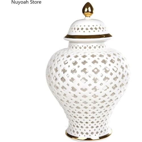 Creative Ceramic Vase Hollow General Jar Golden Stroke Retro Decorative Crafts White Storage Jar with Lid Home Decoration Vase