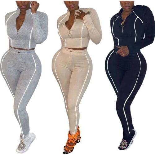 Autumn Women 2 Piece Set Zipper Top Elastic Waist Pants Stretch Bodycon Outfit Jogger Matching Set Mejor Wholesale Dropshpping