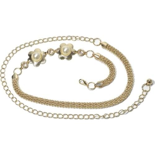 Luxury Brand 2020 New Ladies Gold Metal Spring Waist Chain Sweet Fashion Flowers Inlaid Pearl Stretch Waist Chain Belt Bg-1143